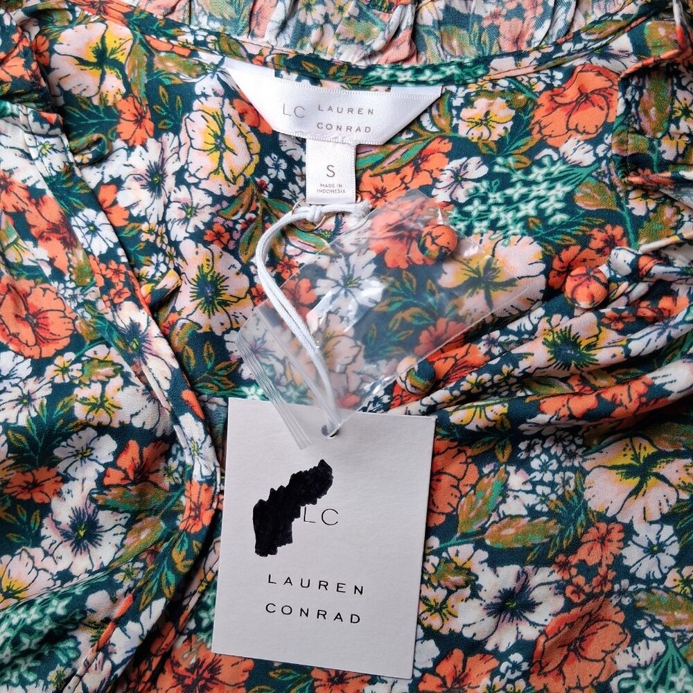 Lauren Conrad Blouse Small Green Peach Floral Button Front Ruffle Country Flower - Picture 4 of 16
